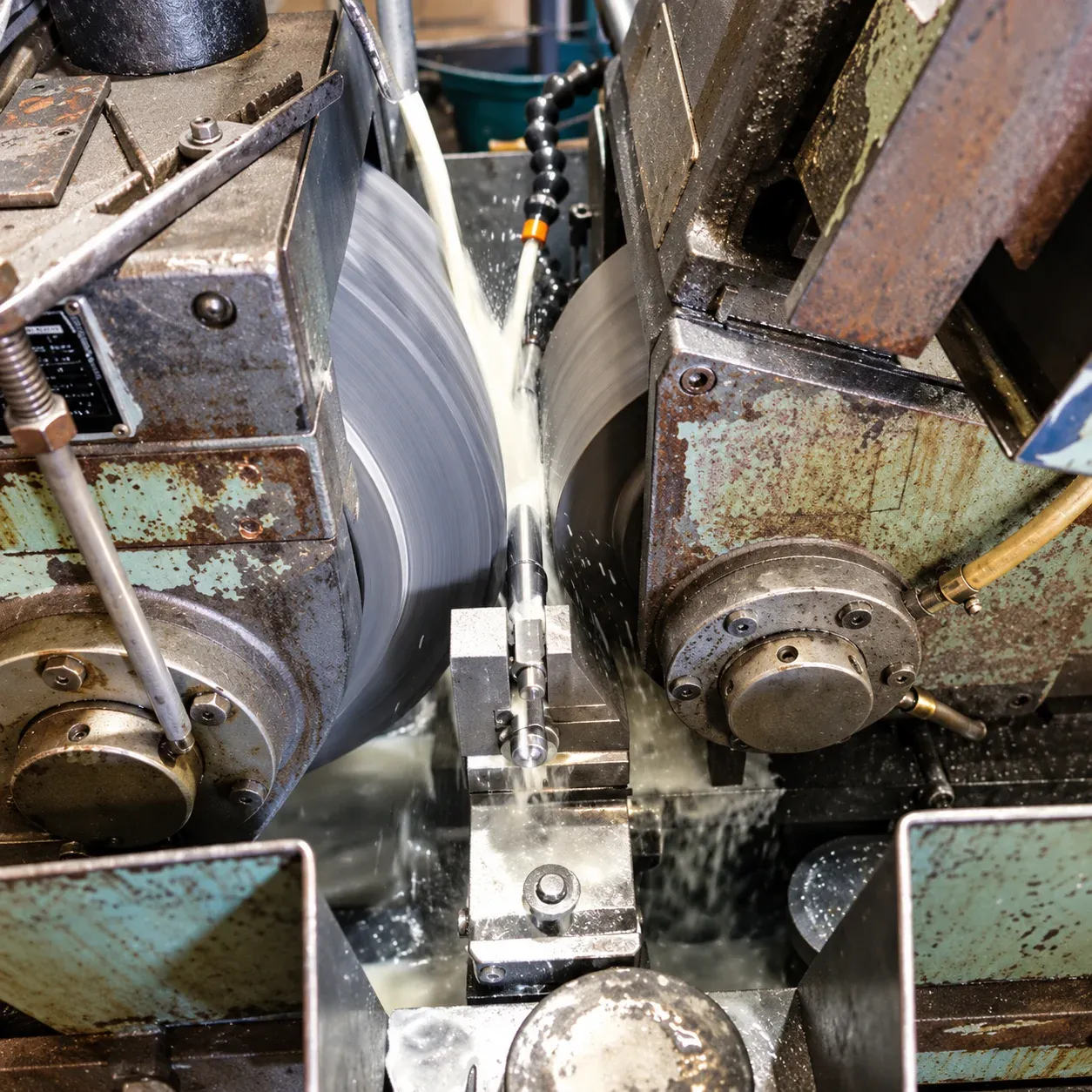 Centreless grinding machine running a component under coolant